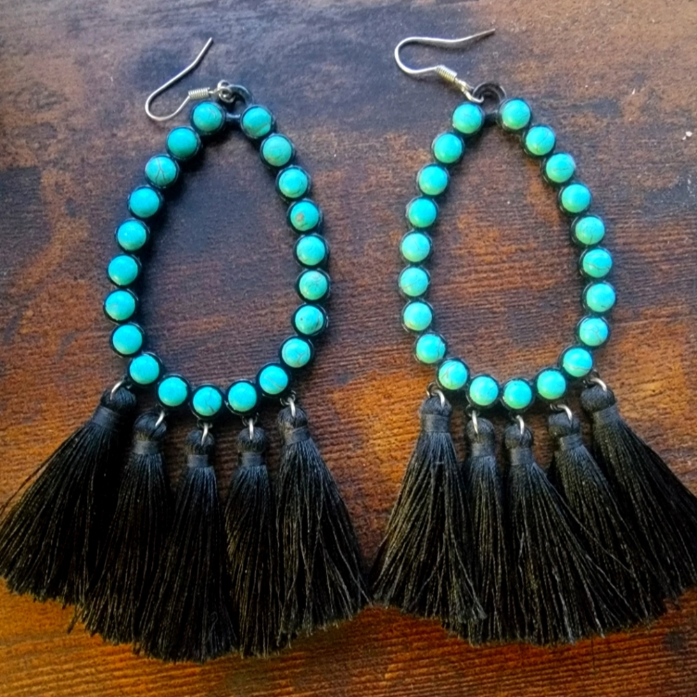 Turquoise and Black Fringe Earrings